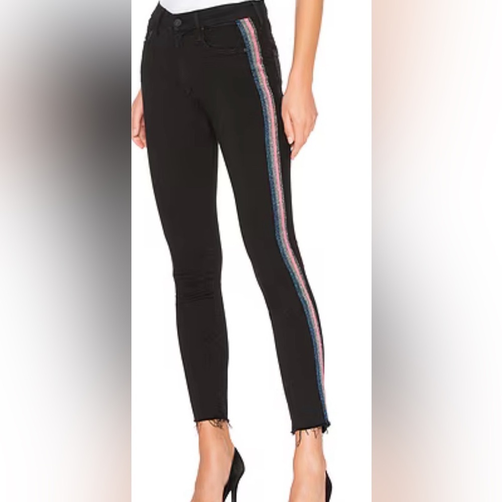 MOTHER High Waisted Looker Ankle Fray Skinny Jeans Guilty Glitter Racer Black 28